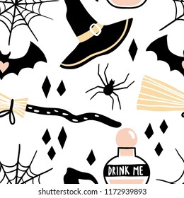 Vector witch magic seamless pattern. Hand drawn, doodle, sketch magician background. Funny Halloween symbols: hat, witch broom, potion, spider. Cartoon mystery characters