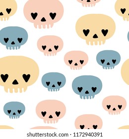 Vector witch magic seamless pattern with cute skulls. Hand drawn, doodle, sketch magician background. Funny Halloween characters. Cartoon mystery symbols 