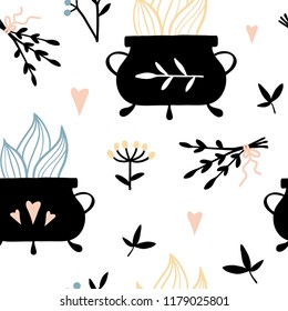 Vector witch magic seamless pattern. Hand drawn, doodle, sketch magician background. Halloween illustration. Witchcraft mystery symbols: brew, herbs.