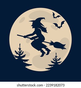 Vector witch on the broom silhouette over the moon.Cartoon illustration of witch in hat flying in night with full moon 