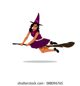 Vector Witch on broomstick Cartoon Illustration. Young girl in fancy dress witch flying on a broomstick Branding Identity Corporate Logo isolated on a white background