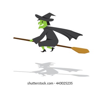 Vector Witch on a broomstick in flat cartoon style