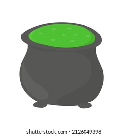 Vector witch pot with green poison illustration on white. Cartoon simple element