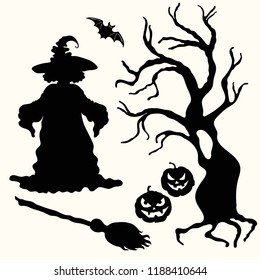 Vector witch, pumpkin lantern, tree, broom and bat stencil isolated on the white background. Laser cutting template