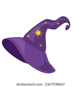 Vector witch purple hat with sun and stars on Halloween theme. Cartoon clipart.