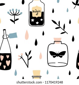 Vector witch seamless pattern with magic cartoon bottles and love potions. Vector illustration. Magic elixir hand drawn texture. Witchcraft symbols:  potion, herbs and flowers