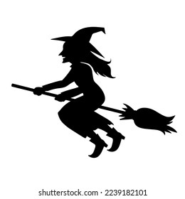 Vector witch silhouette isolated on white. Cartoon witch in hat flying on the broom
