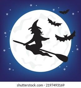 Vector witch silhouette over the Moon. Halloween illustration of mysterious night with full moon and flying witch.