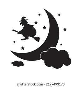 Vector witch silhouette over the Moon. Halloween illustration of mysterious night with full moon and flying witch.