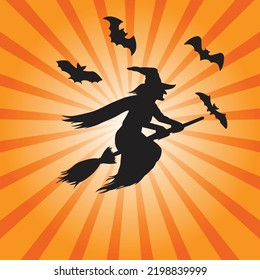 Vector witch silhouette over the Moon. Halloween illustration of mysterious night with full moon and flying witch.