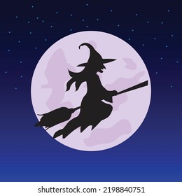 Vector witch silhouette over the Moon. Halloween illustration of mysterious night with full moon and flying witch.