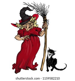 Vector witch wearing red dress and black hat with black cat and broom. Isolated on white elements for Halloween design.