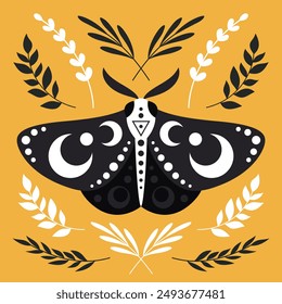 Vector witchcraft card with moth and herbs
