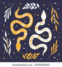 Vector witchcraft card with snakes and herbs