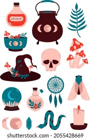 Vector witchcraft magical stickers. Collection esoteric occult magic cliparts. Witch mystical symbol, skull, sphere, kandle, fly agaric, vial, witch hat, magic herbs. Flat illustrations for merch.