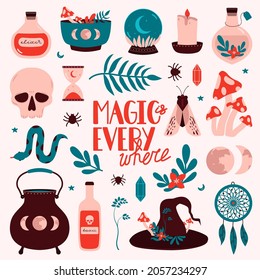 Vector witchcraft magical stickers with lettering. Collection esoteric magic cliparts. Witch mystical symbol, skull, sphere, fly agaric, vial, witch hat, magic herbs. Flat illustrations for merch.