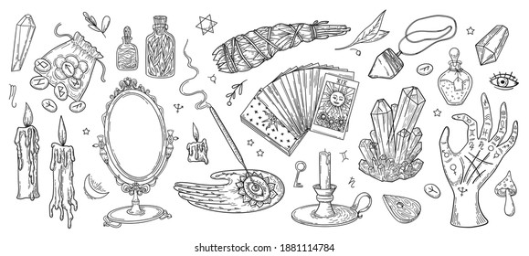 Vector witchcraft set, magic objects and mystery symbols: antique mirror, candles, crystals, runes, tarot cards. Hand drawn esoteric and acult signs, in sketch style. For stickers, temporary tattoo.