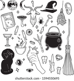 Vector witchcraft set. Magic symbols: witches hat, cat, moon phases, pot, broom, teeth, dry herbs. Hand drawn illustration, flat and cartoon style. For stickers, cards, tattoo, print design, badges.