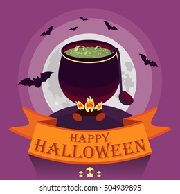 Vector witches cauldron. Happy Halloween card.
