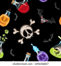 Vector witch's potion seamless pattern. Consists of bottles with various potions and bats, in the center is a skull with crossbones