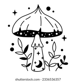 Vector witchy magical mushroom with stars and moon in black color. Outline magic mushroom and leaves. Fairytale esoteric mushroom.