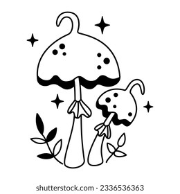 Vector witchy magical mushrooms with stars and dots in black color. Outline magic mushrooms and leaves. Fairytale esoteric mushrooms.