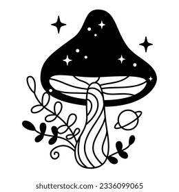 Vector witchy mystical mushroom with stars, dots and planet in black color. Outline magic mushroom and leaves. Fairytale esoteric striped fungi.