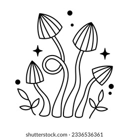 Vector witchy mystical mushrooms with stars and dots in black color. Outline magic striped mushroom and leaves. Fairytale esoteric mushroom bundle.