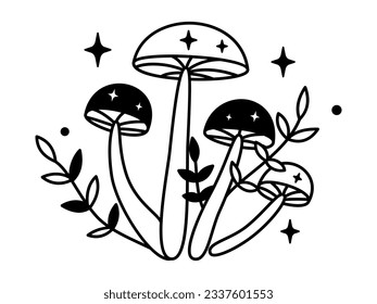 Vector witchy mystical mushrooms with stars in black color. Outline magic mushrooms and leaves. Fairytale esoteric mushroom bundle.
