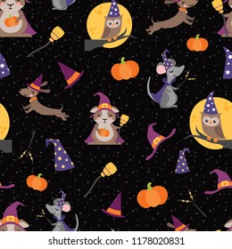 Vector Wizard Witch Friends Seamless Pattern. Surface Pattern Design perfect for fabric, scrapbooking, Halloween, kids, and home decor projects.