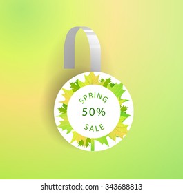 Vector wobbler mockup with transparent strip.Template for your hanging shelf tag design.Spring sale design for print.Maple Leaves.