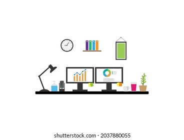 vector wok from home, working space, home office, stock investing, trading graph on screen, passive income, online working, isolate white background