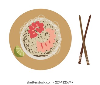 Vector wok noodles with shrimp recipe. Asian chinese, japanese street food.