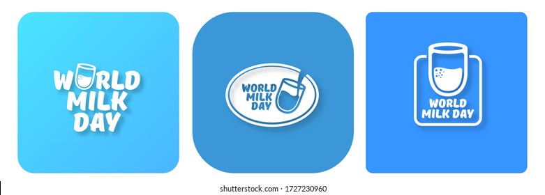 vector wold milk day outline style icons set or label isolated on blue background. Milk day greeting poster design template. Milk day logo collection with milk glass