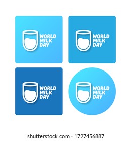 iconos de estilo de esquema del día de la leche mundial vectorial o etiqueta aislada en fondo azul. Plantilla de diseño de afiches de saludo en el día de la leche. Colección del logotipo del día de la leche con vidrio de la leche