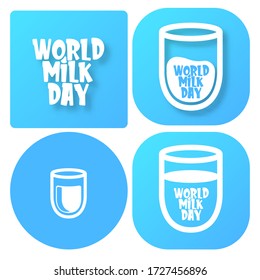 vector wold milk day outline style icons set or label isolated on blue background. Milk day greeting poster design template. Milk day logo collection with milk glass