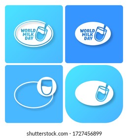 vector wold milk day outline style icons set or label isolated on blue background. Milk day greeting poster design template. Milk day logo collection with milk glass