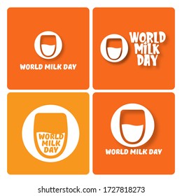 iconos de estilo de esquema del día de la leche mundial vectorial o etiqueta aislada en el fondo naranja. Plantilla de diseño de afiches de saludo en el día de la leche. Colección del logotipo del día de la leche con vidrio de la leche