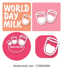 vector wold milk day outline style icons set or label isolated on pink background. Milk day greeting poster design template. Milk day logo collection with milk glass