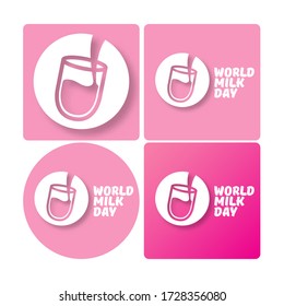 vector wold milk day outline style icons set or label isolated on pink background. Milk day greeting poster design template. Milk day logo collection with milk glass