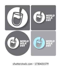 vector wold milk day outline style icons set or label isolated on grey background. Milk day greeting poster design template. Milk day logo collection with milk glass