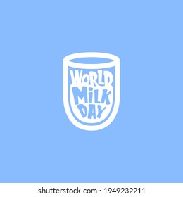 icono de estilo de esquema del día de la leche mundial vectorial o etiqueta aislada en fondo azul. Plantilla de diseño de afiches de saludo en el día de la leche. Logo del día de la leche con vidrio de leche