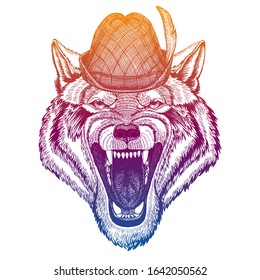 Vector wolf, dog. Bavarian traditional hat. Tirol austrian hat. Beer oktoberfest animal portrait.