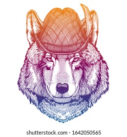 Vector wolf, dog. Bavarian traditional hat. Tirol austrian hat. Beer oktoberfest animal portrait.