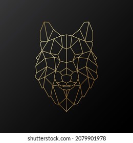 Vector Wolf head illustration in polygonal style. Golden geometric Wolf silhouette on black background. Vector mascot. 