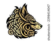 Vector wolf head silhouette inside half moon in gold, silver and white colors. Side view of wild animal in crescent. Wolf vector logo inside demilune isolated on dark and white background