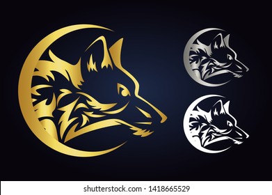 Vector wolf head silhouette inside half moon in gold, silver and white colors. Side view of wild animal in crescent. Wolf vector logo inside demilune isolated on dark background.