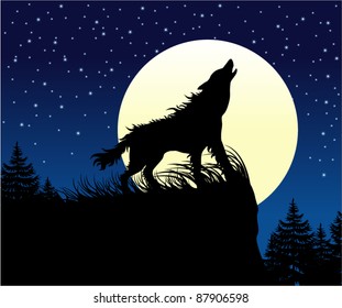 Vector Wolf Howling On The Full Moon