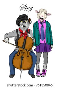 Vector wolf and sheep plays cello and sings. Hand drawn illustration of dressed wolf and sheep. 