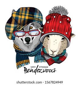 Vector wolf and sheep. Romantic meeting. Illustration of dressed animals. Romantic date. 